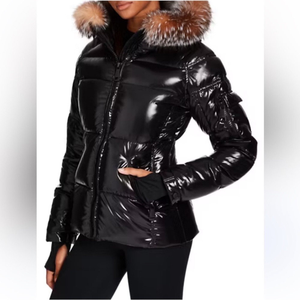 SAM Shiny Black Puffer Jacket with Fur Trim Size XS in Mint Condition